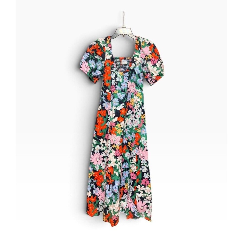 Old Navy Puff Sleeve Midi Swing Dress M Medium Black Floral Smocked Back Casual